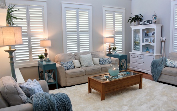 Plantation shutters in a living room